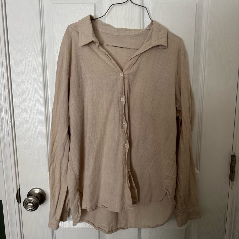 Women's Beige Oversized Button-Up Top